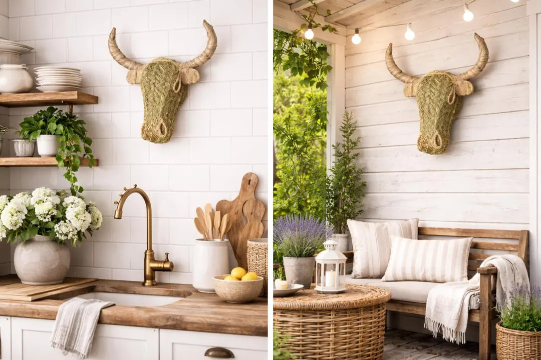 Handmade Woven Bull Head Wall Decor, Moroccan Palm Farmhouse Western Rustic Boho Wall Art | Etsy (US)