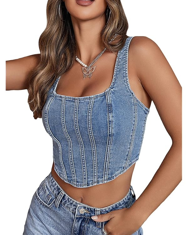 Floerns Women's Square Neck Sleeveless Corset Denim Top Asymmetrical Hem Zip Up Back Crop Tank To... | Amazon (US)