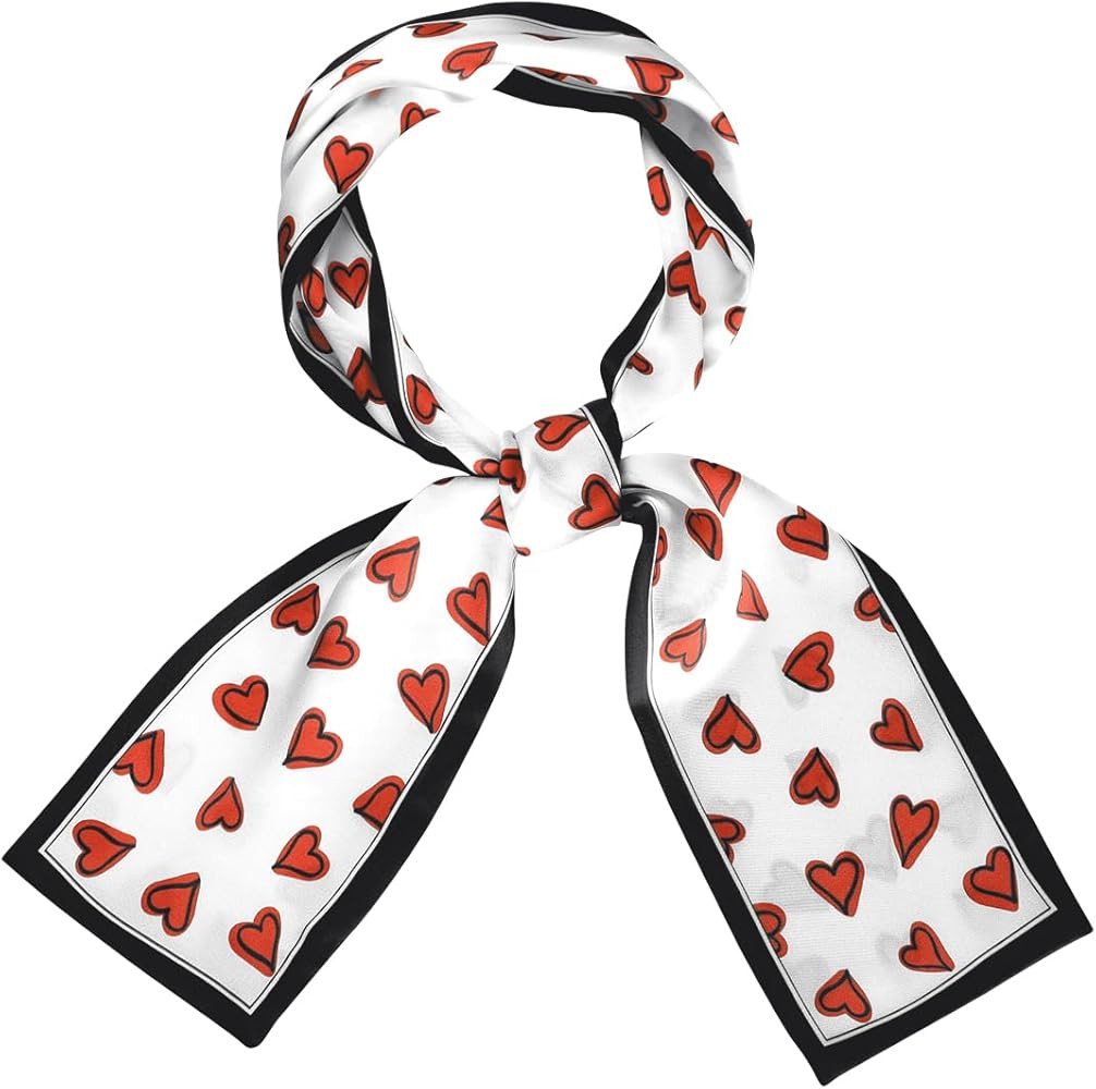 Allegra K Silky Skinny Scarves Ribbon Heart Print Long Hairband Handbag Wrap | Amazon (US)
