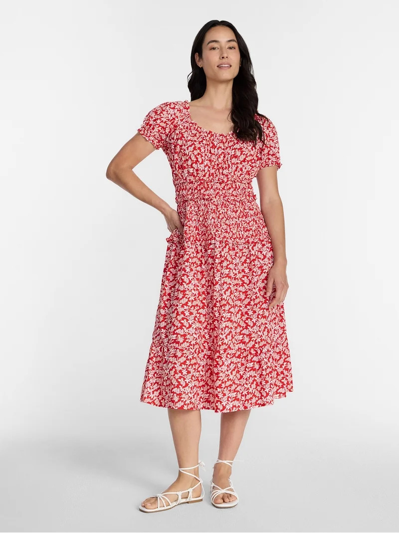 Time and Tru Women's Smocked Cotton Peasant Midi Dress, Sizes XS-XXXL | Walmart (US)