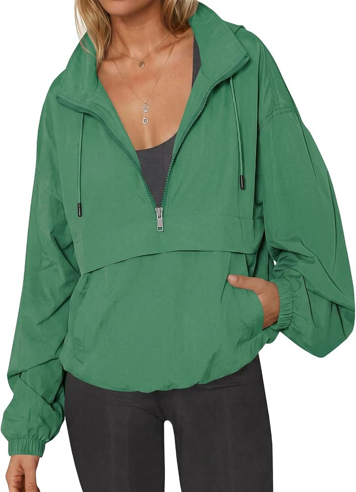 Fisoew Womens Windbreaker Lightweight Jackets Hooded Quarter Zip Pullover | Amazon (US)