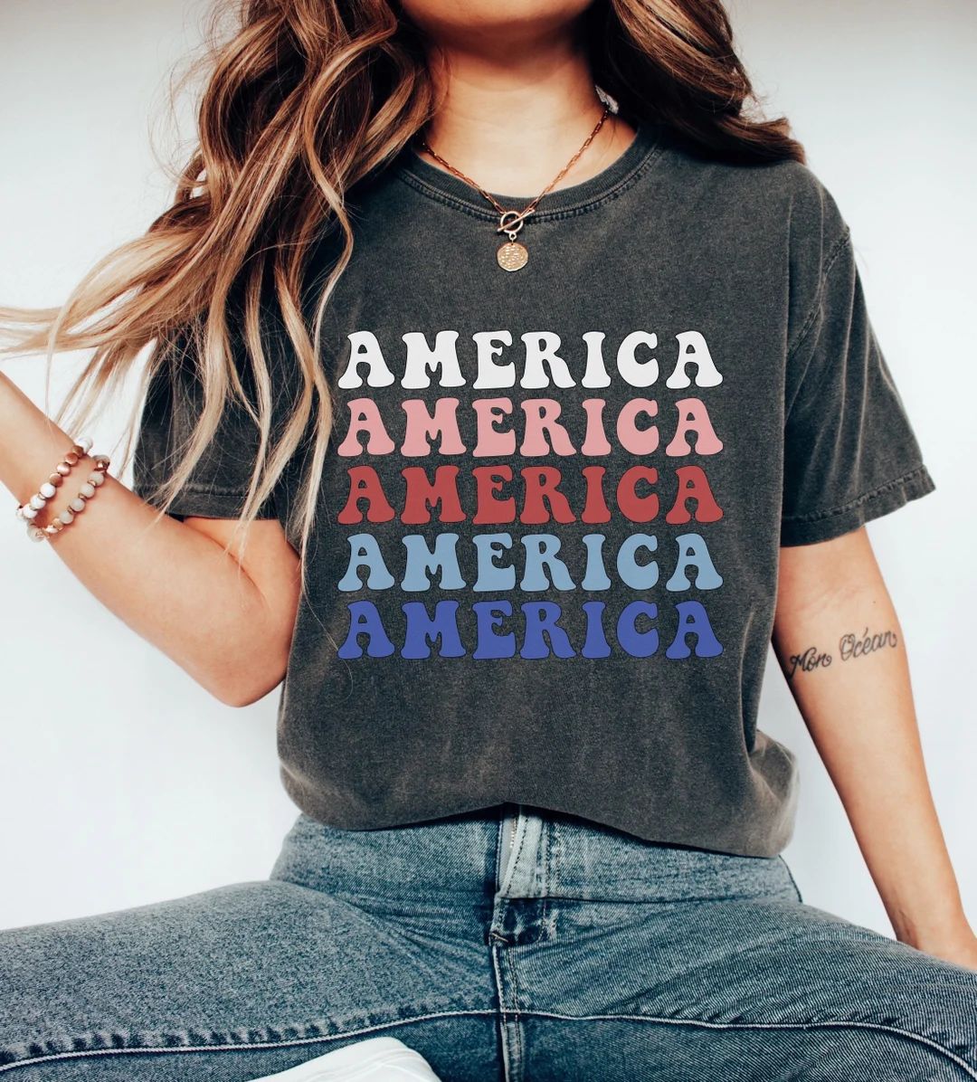 America shirt Comfort Colors Women’s 4th of July Shirt, Retro America tee, Fourth of July Shirt... | Etsy (US)