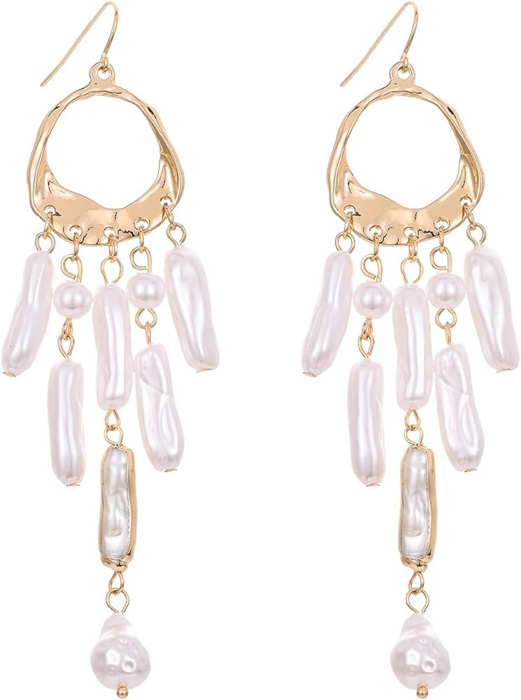 Statement Pearl Dangle Earring Luxury Chandelier Earring Gold and Pearl Earring Organic Style Ear... | Amazon (US)