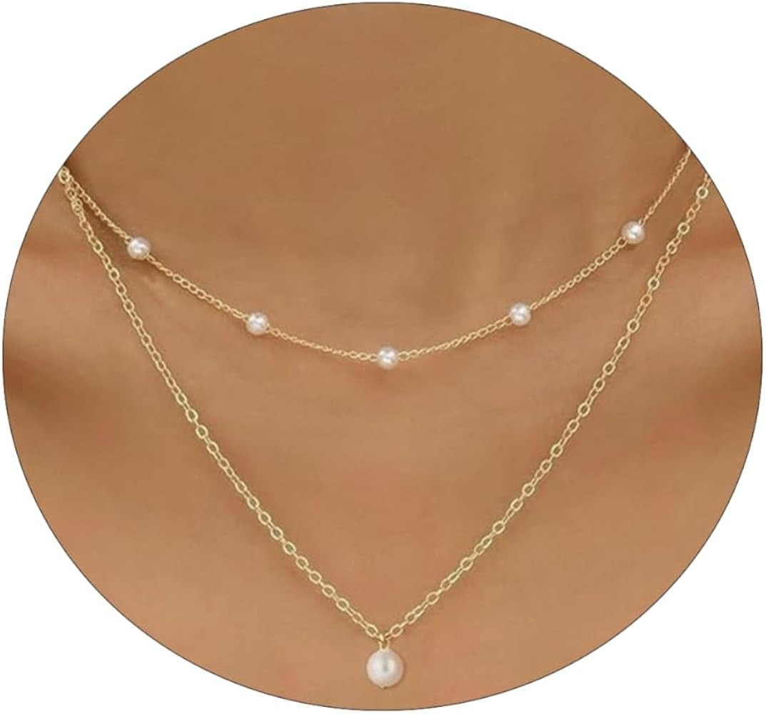 Kyerlyn Dainty Pearl Pendant Necklaces for Women 14K Gold Plated Handmade Layered Pearl Chain Nec... | Amazon (US)