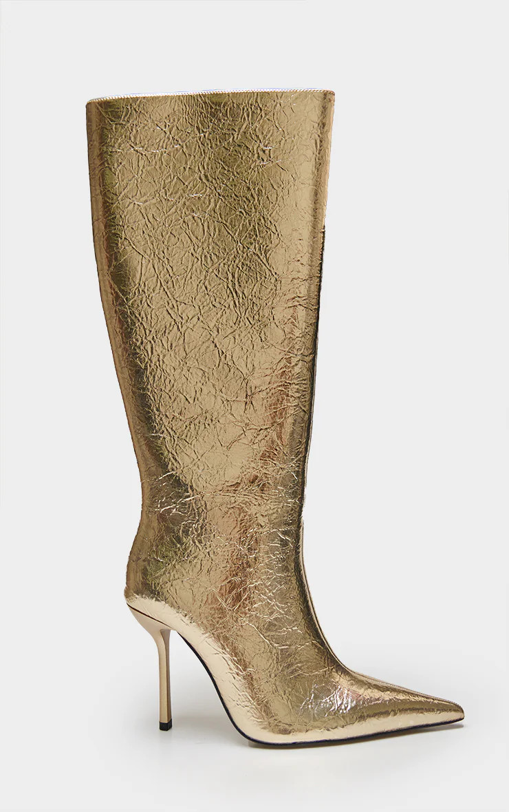 Gold PU Crinkle Point Toe Knee High Stiletto Heeled Boots | PrettyLittleThing CAN