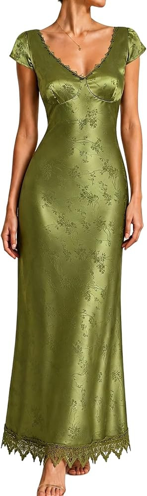 RIHOAS Women's Green Satin Elegant Midi Dress - Formal Semi Formal Cocktail Party Wedding Guest D... | Amazon (US)