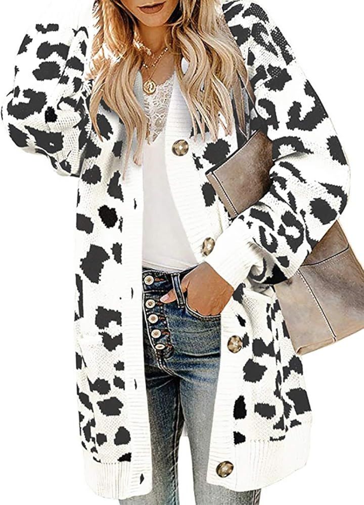 Women Chic Leopard Print Cozy Sweater Pockets Button Down Open Front Loose Knitted Long Cardigan ... | Amazon (US)