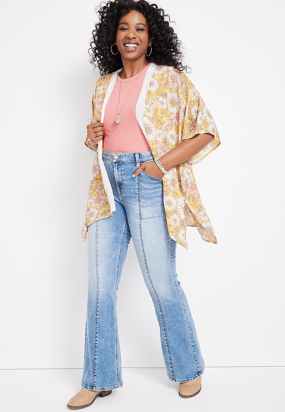 Crochet Border Floral Print Ruana | Maurices