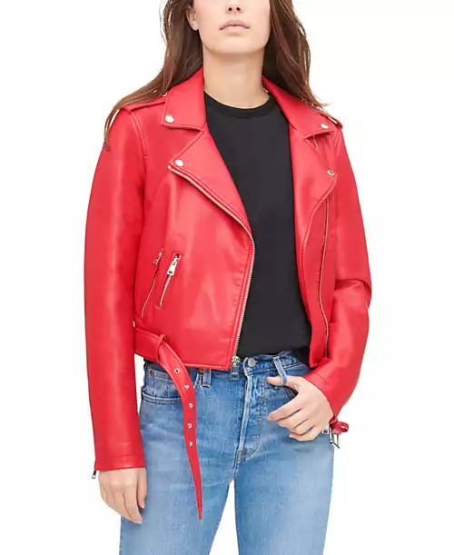 Women's Faux-Leather Belted Hem Moto Jacket | Macy's