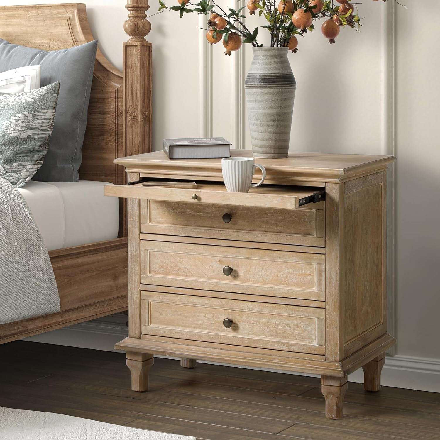 HULALA HOME Farmhouse Solid Wood Nightstand 3 Drawer Natural | Amazon (US)