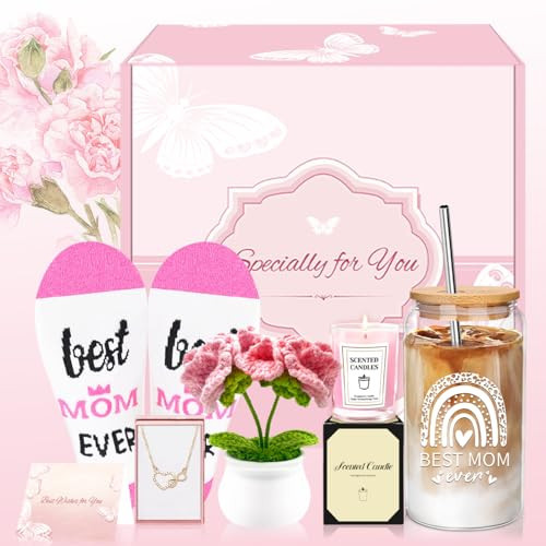 Mothers Day Gifts for Mom, Mom Birthday Gifts with 16 Oz Glass Cup, Heart Necklace, Socks, Mom Gift from Daughter, Son, Husband, Self Care Get Well Soon Gift for Women, Christmas, Thanksgiving | Amazon (US)