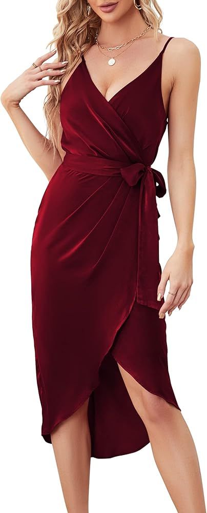 Sarin Mathews Womens V Neck Satin Dress Ruched Wrap Sleeveless Spaghetti Strap Slit Belted Summer... | Amazon (US)