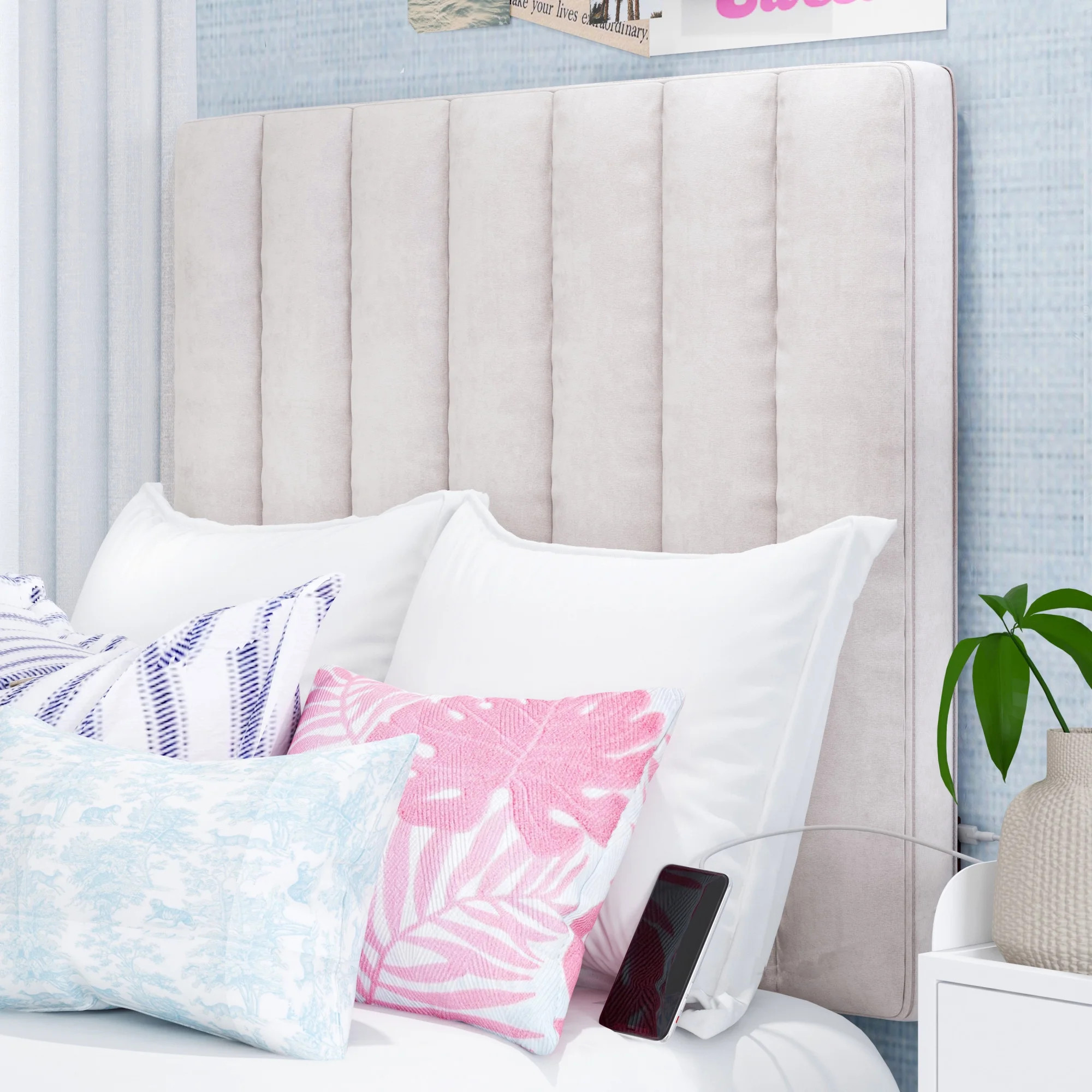 Hillsdale Upholstered Velvet Channel Stitched Hanging Twin Headboard with USB Charging, Cream | Walmart (US)