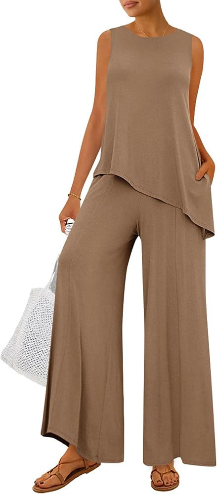 PRETTYGARDEN Women's 2026 Two Piece Matching Lounge Sets Asymmetrical Split Tank Tops Wide Leg Pa... | Amazon (US)