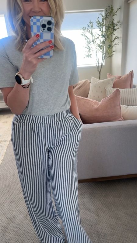 I’ve been on the hunt for striped linen pants that have the right colors and length! I’m 5’7” wearing a small.

They run a little big so I’m glad I sized down. 

They also sit a little lower on the hip. 

Oh and this shirt is soooo good! I bought it in white and black too. Thick but not heavy. Slightly cropped length but won’t show your belly. I’m wearing a medium  