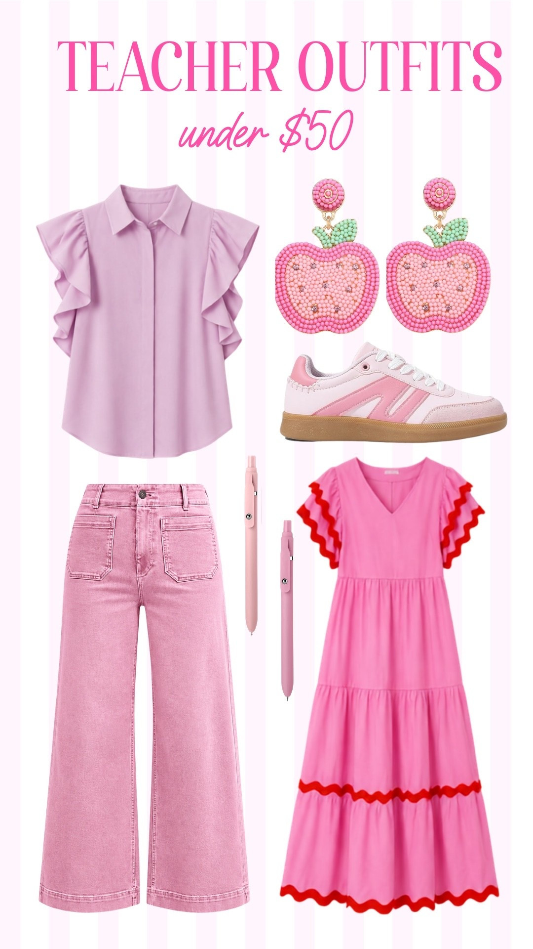 Cute teacher outfits under $50 featuring pink wide leg pants, a ruffle sleeve blouse, colorful teacher earrings, pink sneakers and a bright midi dress. Affordable back to school fashion for teachers who love a pop of color!

#LTKootd #LTKSeasonal #LTKWorkwear