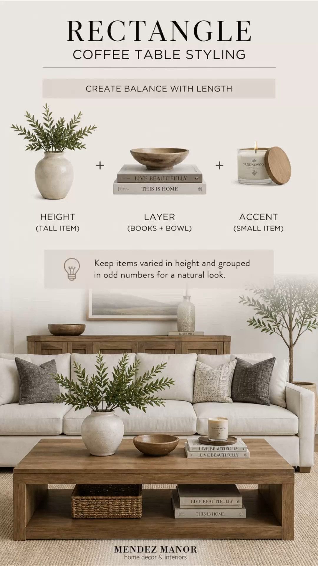Coffee table styling tips for every shape coffee table.