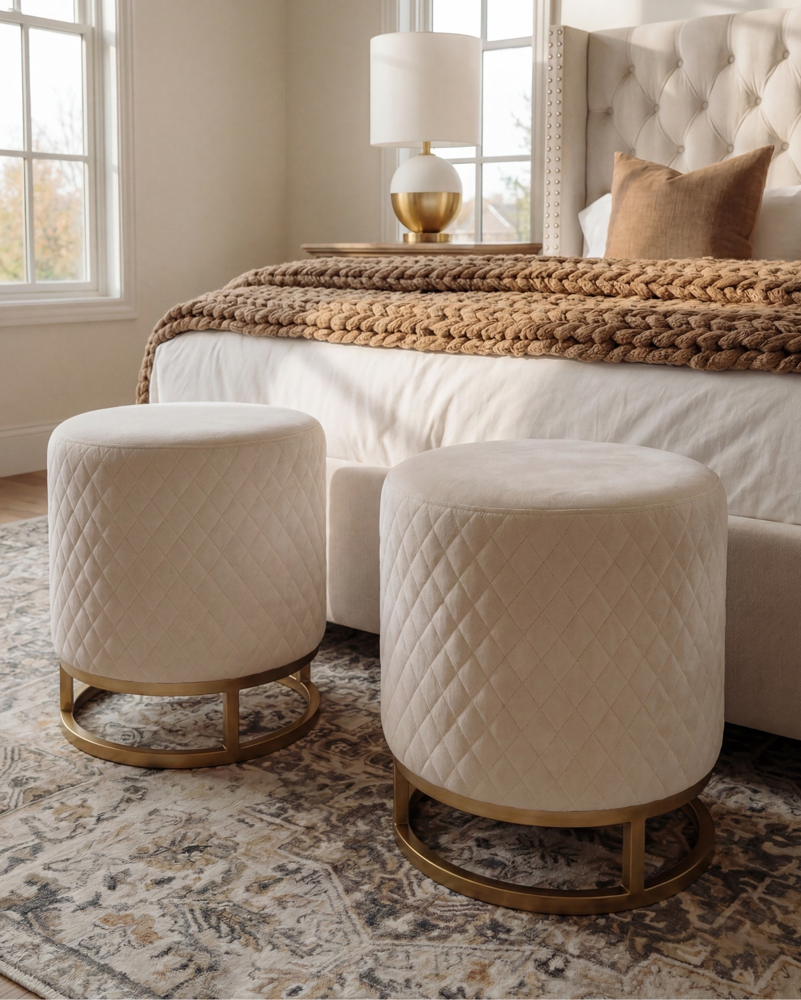 Shop the Look: Bedroom Refresh
This bedroom feels warm, serene, and quietly luxurious. Soft neutrals and natural wood tones create balance, while the tufted headboard and layered textiles add depth and comfort. Exposed ceiling beams bring architectural character, grounding the space in an elevated rustic elegance.

The symmetry of the layout—paired nightstands, lamps, and ottomans—keeps the room feeling calm and intentional. Subtle brass accents and warm browns give it a refined, timeless finish.

Shop the Look:
• Upholstered tufted bed (cream or ivory)
• Neutral upholstered bench or bed frame base
• Wooden nightstands (medium warm wood)
• Table lamps (white shade, brass base)
• White bedding (duvet + sheets)
• Brown textured throw blanket
• Neutral accent pillows (tan or camel)
• Framed floral artwork (warm brown tones)
• Quilted round ottomans (cream)
• Brass ottoman bases
• Vintage-style area rug (neutral pattern)
• Exposed wood ceiling beams
• Decorative bowl or small tray on nightstand
• Wood decor beads

#LTKsale #LTKhome #LTKstyletip