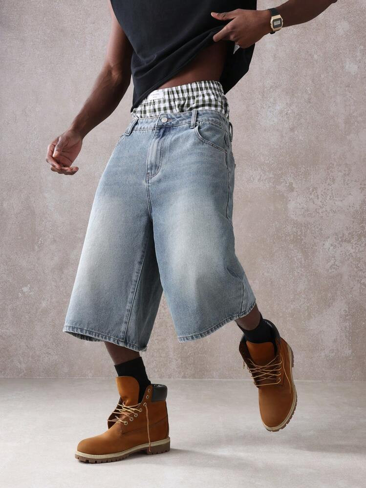 SUMWON Wide Leg Denim Bermuda Shorts Culotte Style Loose Fit Baggy Jean Culottes High Rise Streetwear Festival Summer Urban Fashion Cotton Distressed Long Shorts | SHEIN