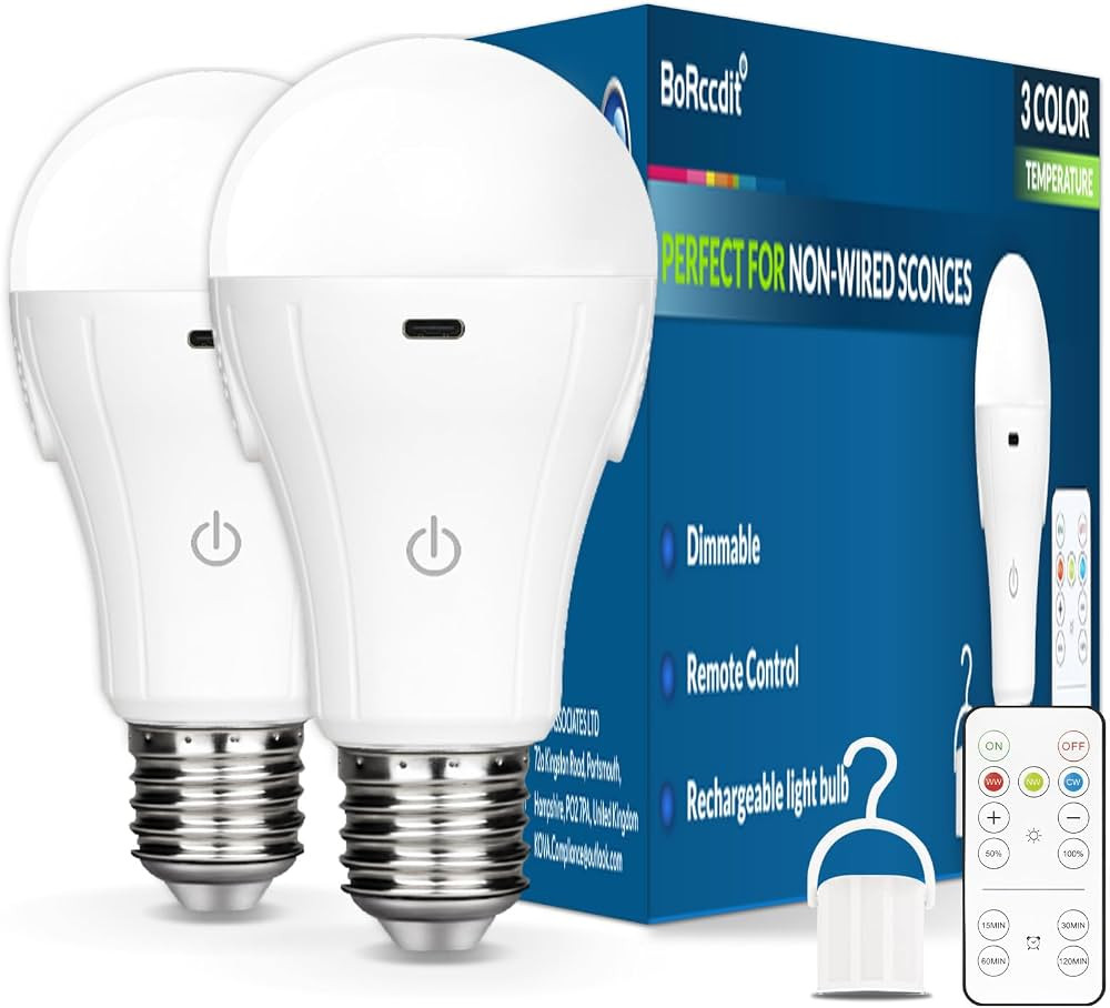 BoRccdit CordlessGlow Rechargeable Light Bulb 15W LED 60W Eq\u002e\u200c, 3-Color, Dimmable with ... | Amazon (UK)