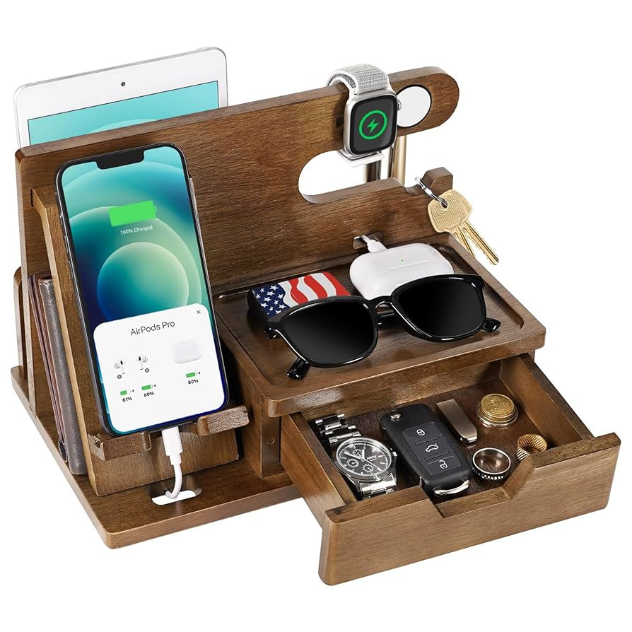 Fathers Day Dad Gifts from Daughter Son Wife, Wood Phone Docking Station with Drawer, Birthday An... | Amazon (US)