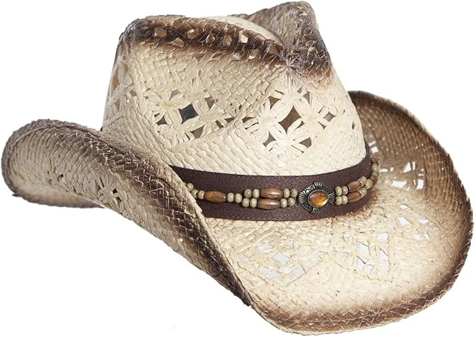 Vamuss Straw Cowboy Hat W/Vegan Leather Band & Beads, Shapeable Brim, Beach Cowgirl | Amazon (US)