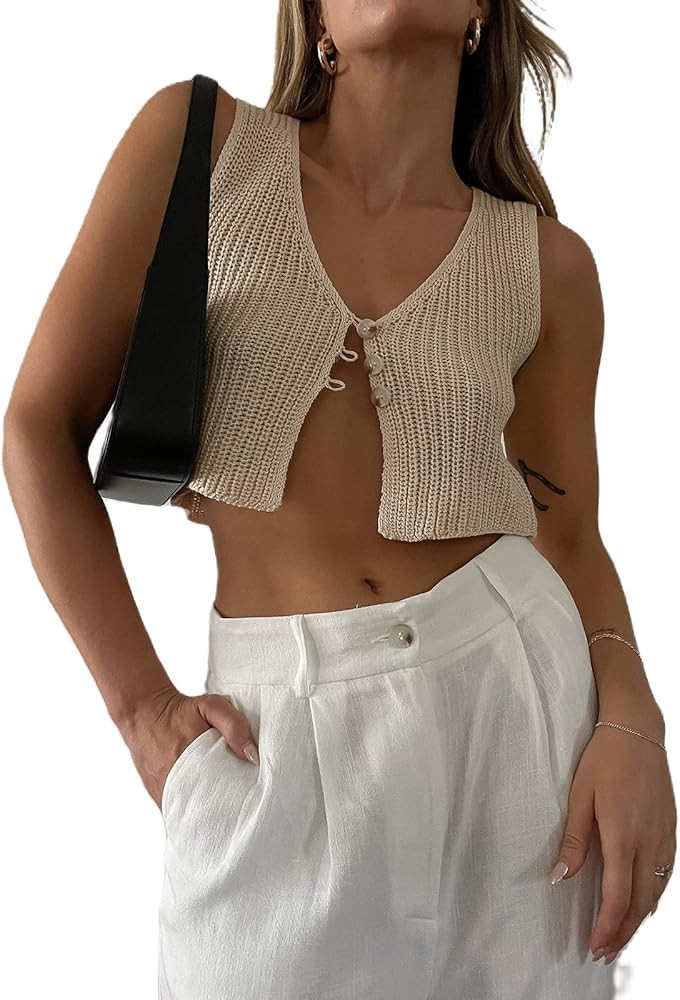 Crochet Knitted Vest for Women Vintage Y2K Hollow Out Button Down Cardigan Retro Crochet Knit Tan... | Amazon (US)