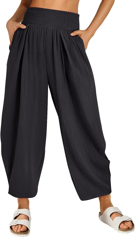 LILLUSORY Smocked Pants for Women Breathable Soft Harem Casual Pants with Pockets | Amazon (US)
