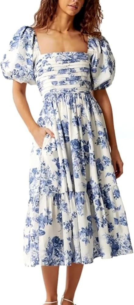 Poplin Puff Sleeve Midi Dress,Summer Casual Flowy Beach Floral Ruffle Maxi Dress,Women's Boho Squ... | Amazon (US)