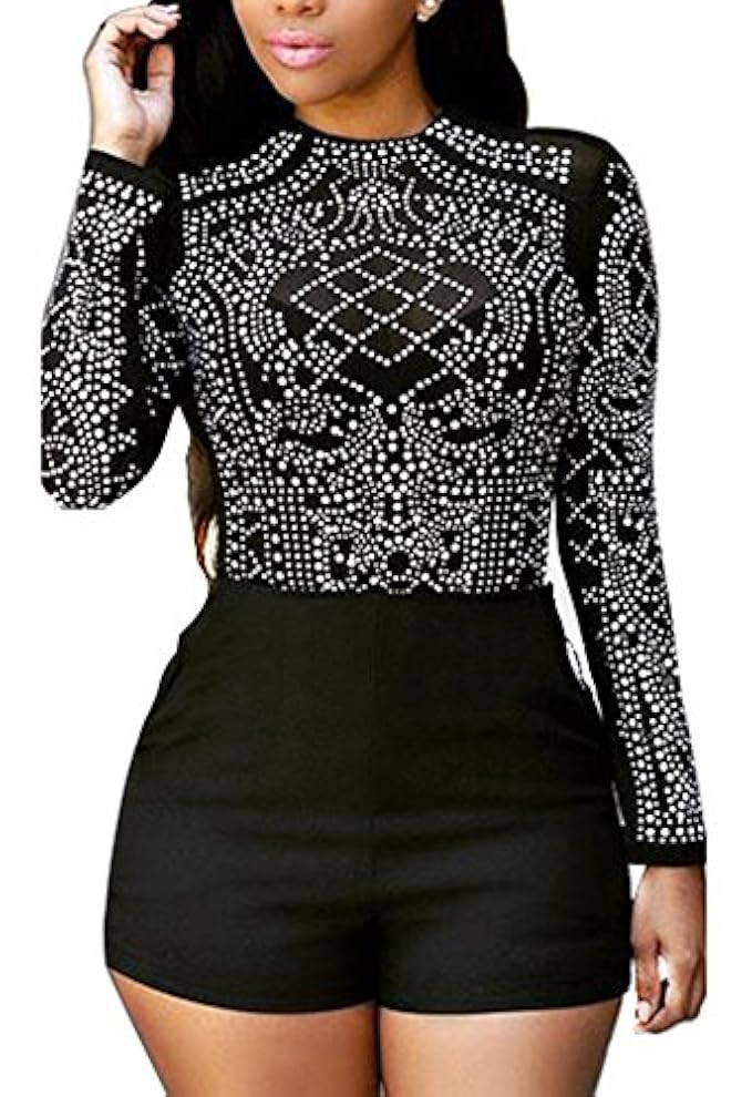 Blansdi Women Rhinestone Mesh See Through Bodycon Clubwear Party Short Jumpsuit Rompers | Amazon (US)