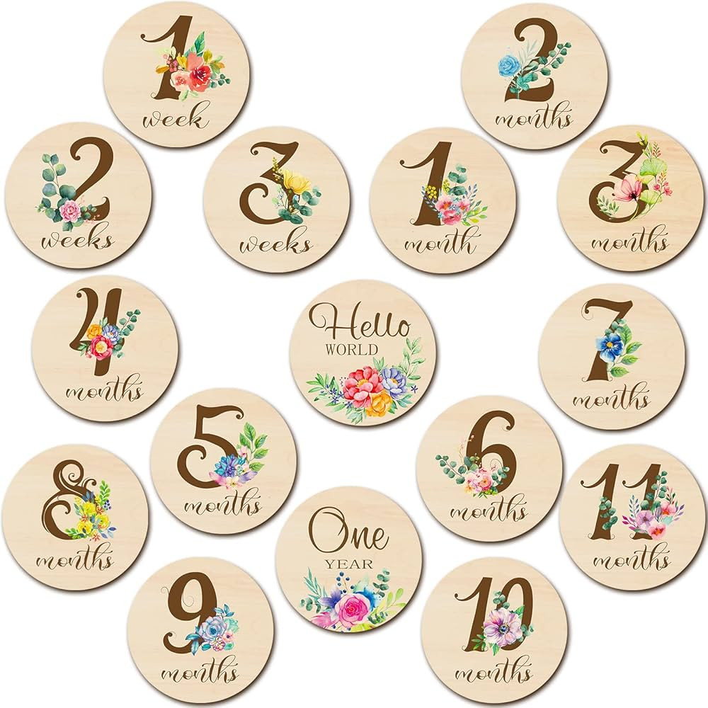 16 Pieces Wooden Baby Monthly Milestone Cards Baby Monthly Milestone Marker Discs Double Sided Mo... | Amazon (US)