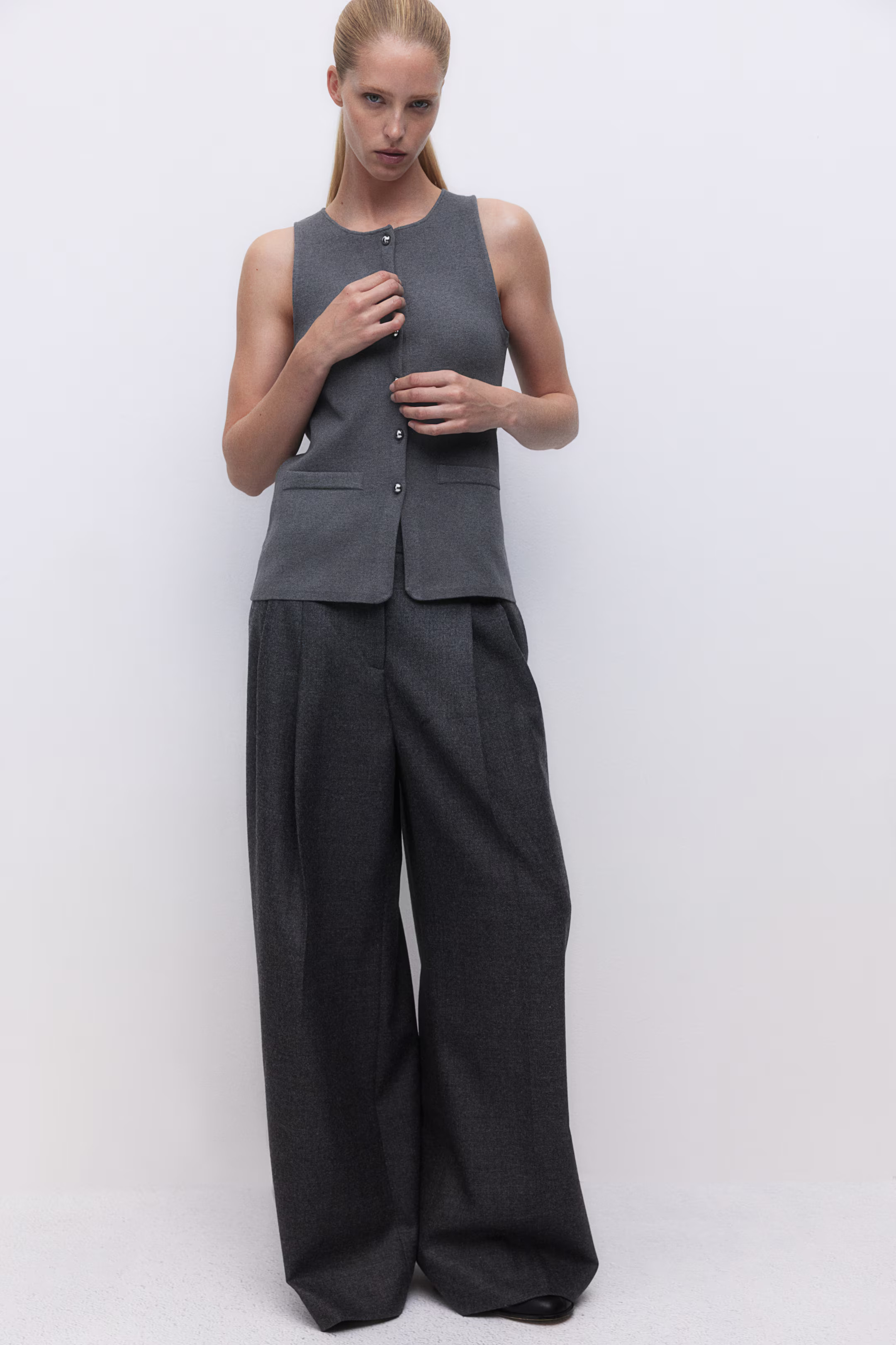 Button-front vest top - Round neck - Sleeveless - Dark grey marl - Ladies | H&M GB | H&M (UK, MY, IN, SG, PH, TW, HK)