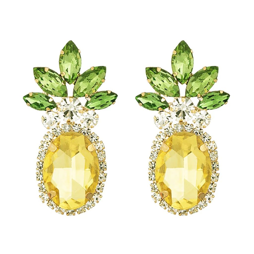 Fun and Fruity Glass Crystal Rhinestone Whimsical Pineapple Clip On Style Earrings, 1.62&quot; | Rosemarie Collections