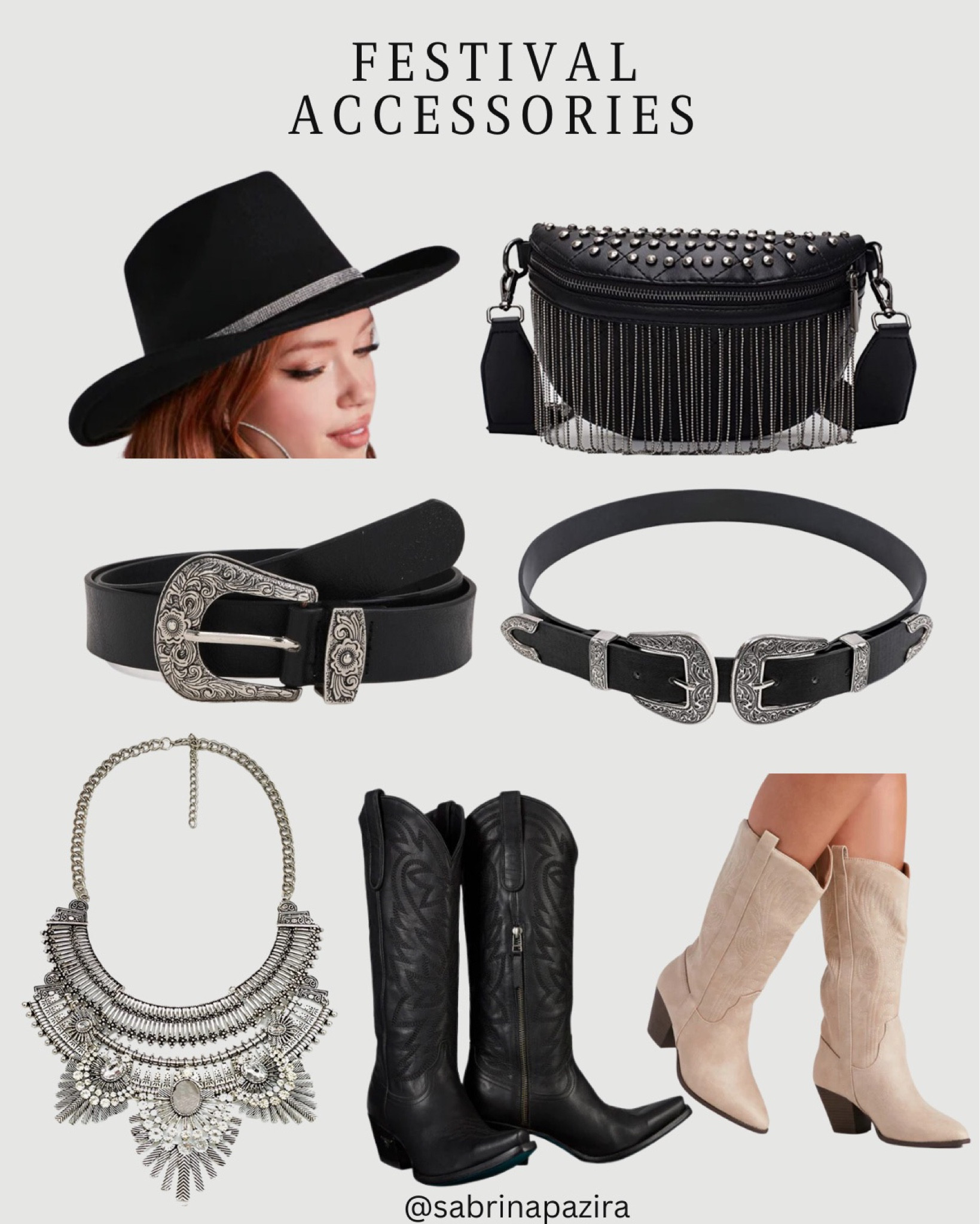 Festival accessories, western hat, belt bag, Fanny pack, belt, cowboy boots, western boots, necklace, chunky jewelry, cowboy hat 

#LTKunder100 #LTKstyletip #LTKSeasonal