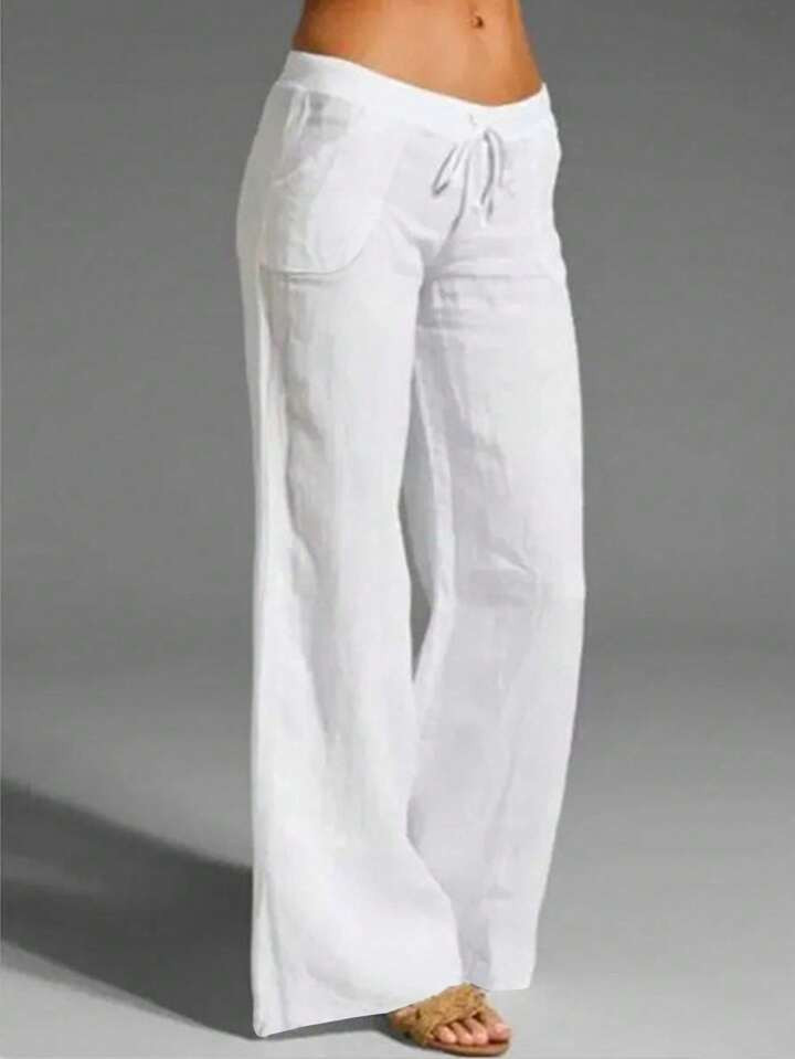 SHEIN Franclia Women's White Linen Pocket Casual Pants, Spring/Summer | SHEIN