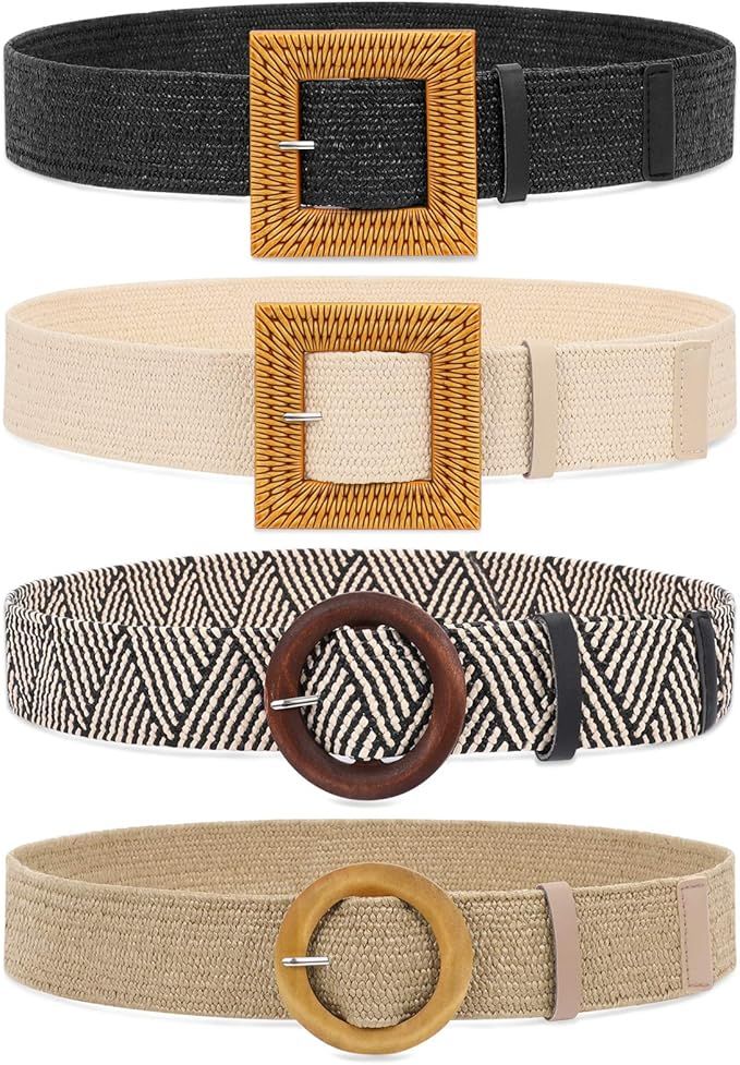 WHIPPY Set of 4 Straw Woven Elastic Stretch Waist Belts for Women, Fashion Boho Ladies Braided Sk... | Amazon (US)