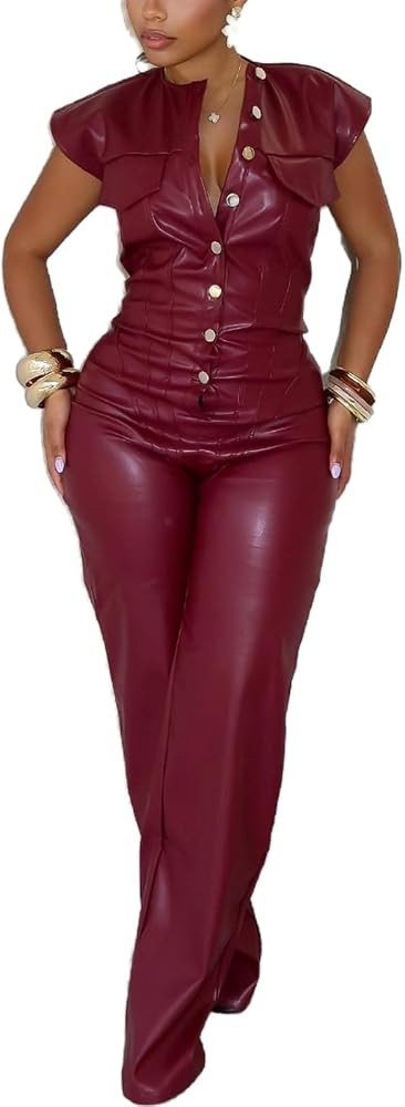 Molilove Womens Leather Jumpsuit Sexy Sleeveless Button Top Bodycon Jumpsuit Faux Leather Cargo P... | Amazon (US)