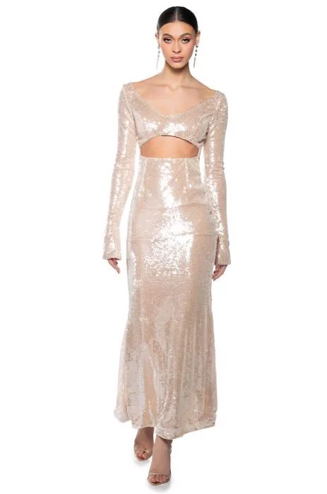 CHIC AND CLASSY CUT OUT SEQUIN MAXI DRESS IN GOLD | AKIRA