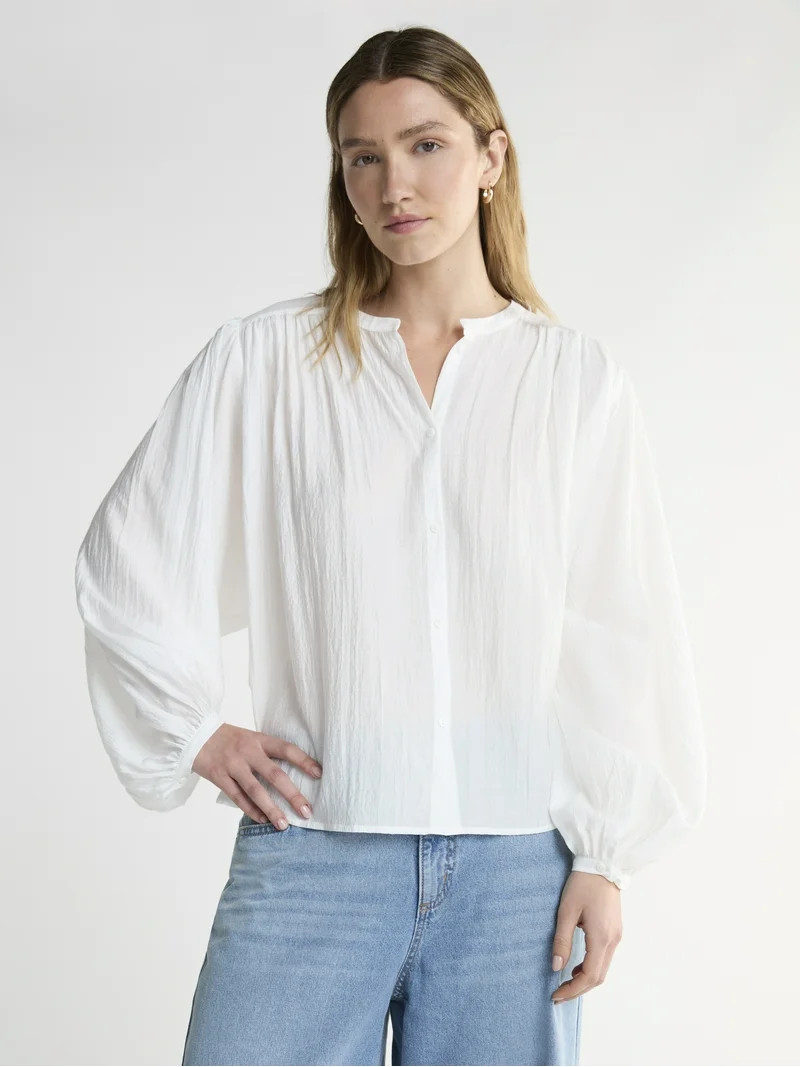 Scoop Women’s Crinkle Gauze Shirt with Blouson Sleeves, Sizes XS-XXL | Walmart (US)