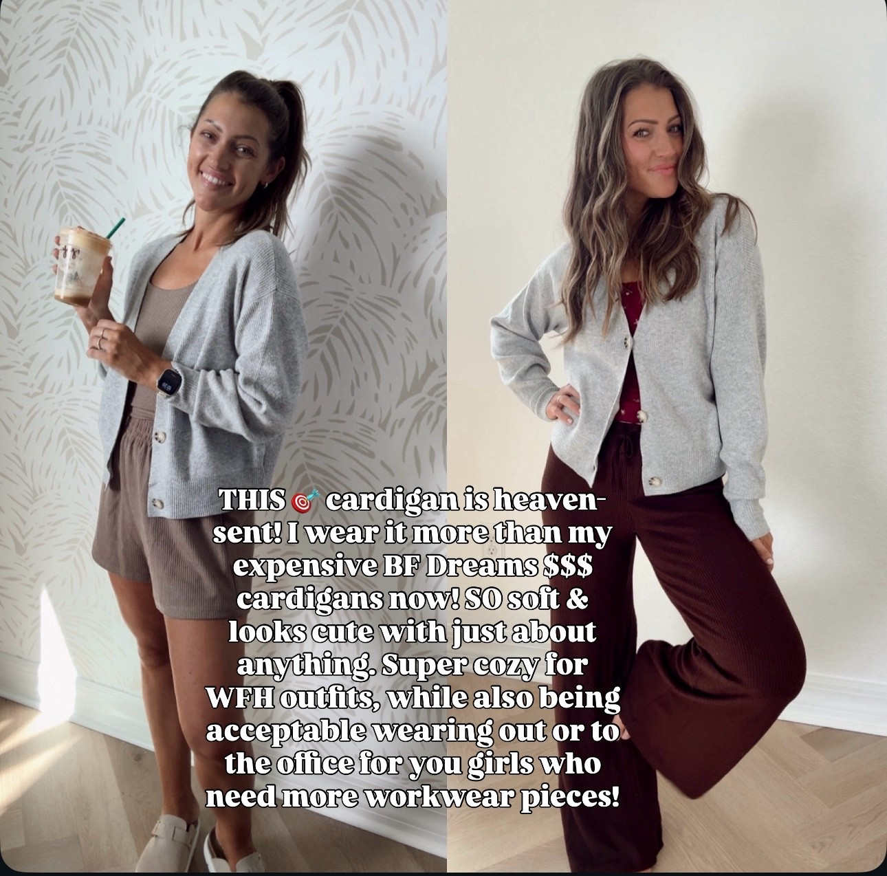 Size XS everything but S brown Amazon set. 

Work from home outfit
Business casual
Teacher style
SAHM 
Mom outfit
Travel outfit 