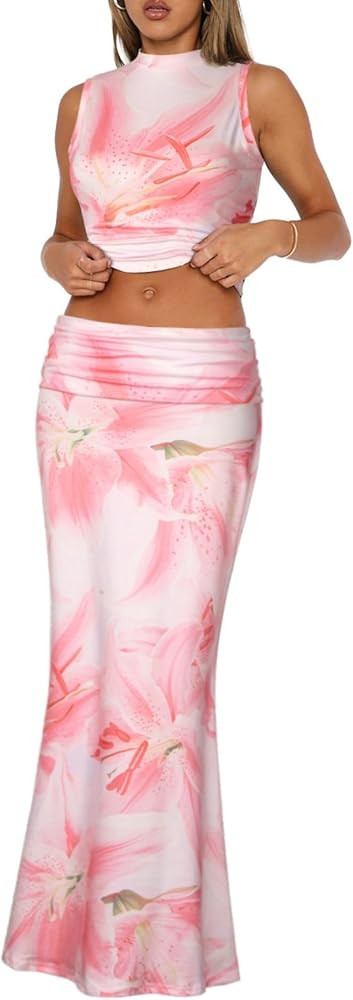 Skirt Sets Women 2 Piece Outfits - Sexy Two Pc Sleeveless Tank Crop Top Fold Over Maxi Long Skirt... | Amazon (US)