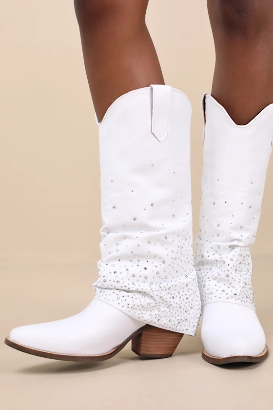 Eye Candy White Leather Rhinestone Knee-High Western Boots | Lulus