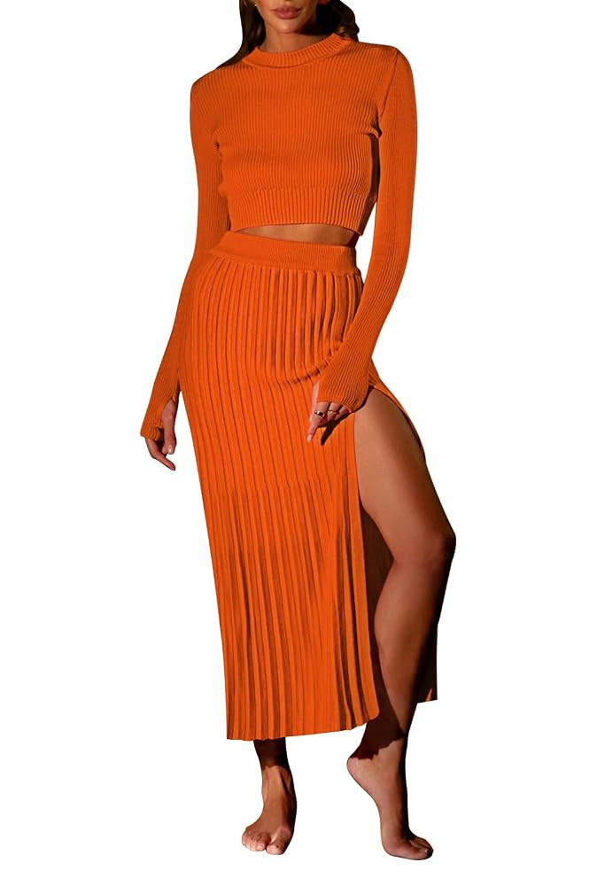 Duigluw Women 2 Piece Outfits Winter Long Sleeve Crop Top Bodycon Pleated Skirt Knit Sweater Dres... | Amazon (US)