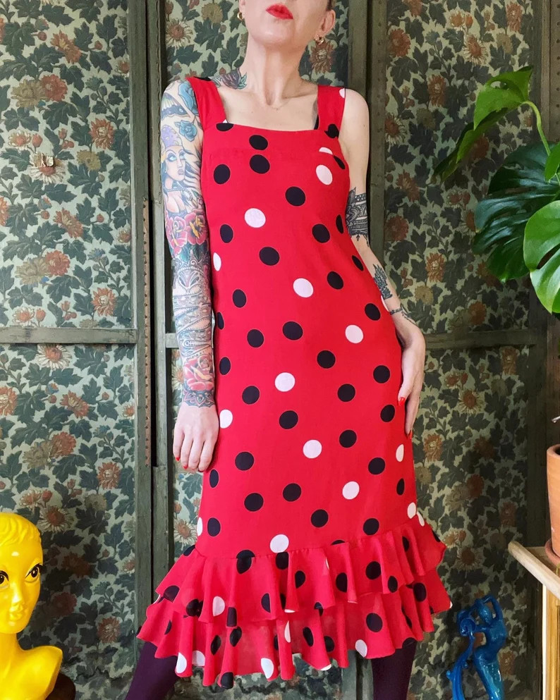 Vintage late 1970\u2019s/early 1980\u2019s true red voile dress and jacket set with big bold polk... | Etsy (Global)