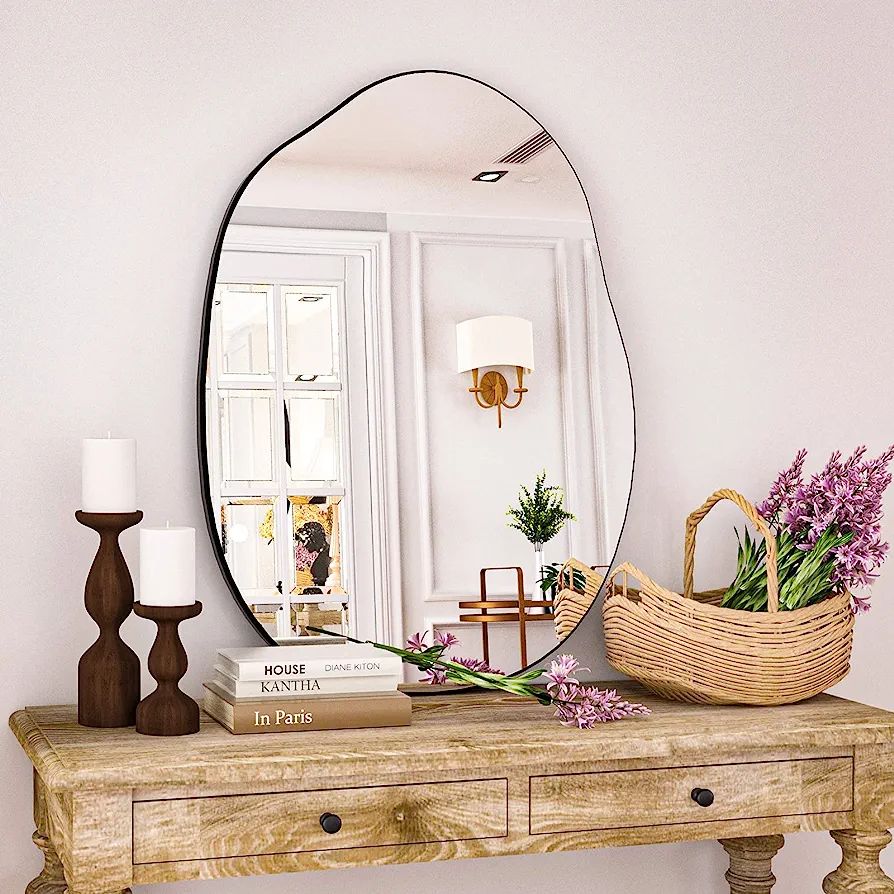 HARRITPURE Irregular Wall Mirror 24"x32" Black Asymmetrical Bathroom Mirror Wood Framed Modern De... | Amazon (US)
