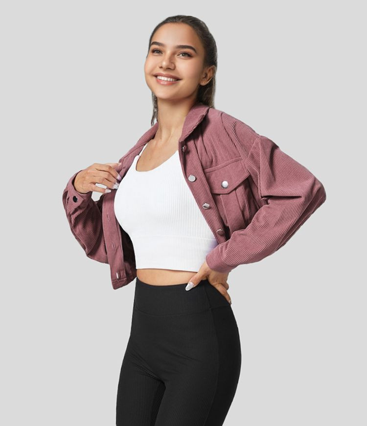 Collared Button Pocket Cropped Corduroy Casual Jacket | HALARA
