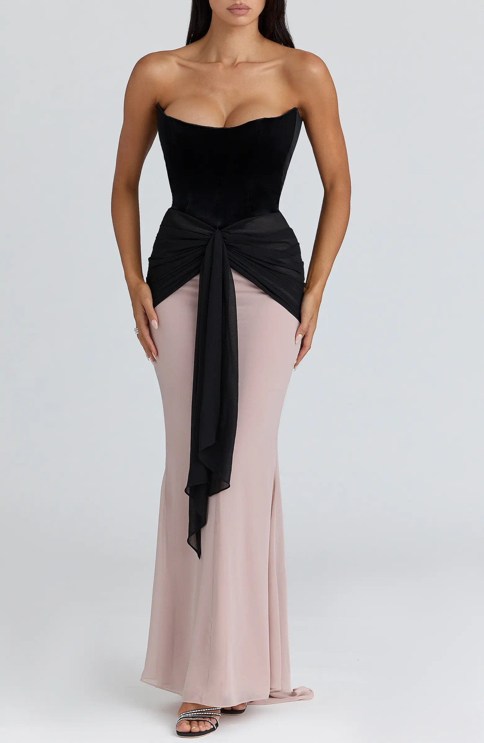 Clara Velvet & Chiffon Drape Corset Gown | Nordstrom