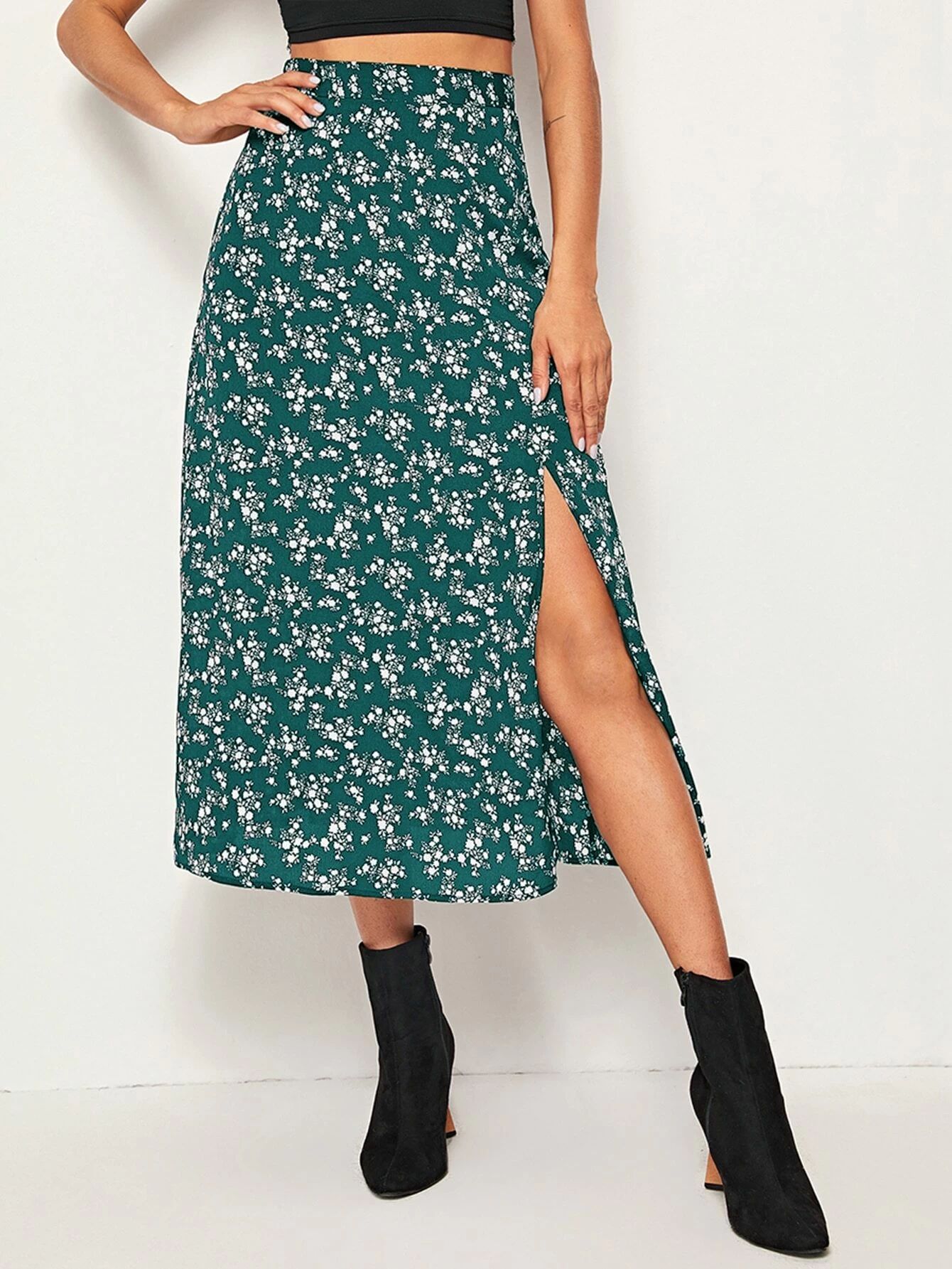 SHEIN Ditsy Floral Print Wide Waistband Split Thigh Skirt | SHEIN