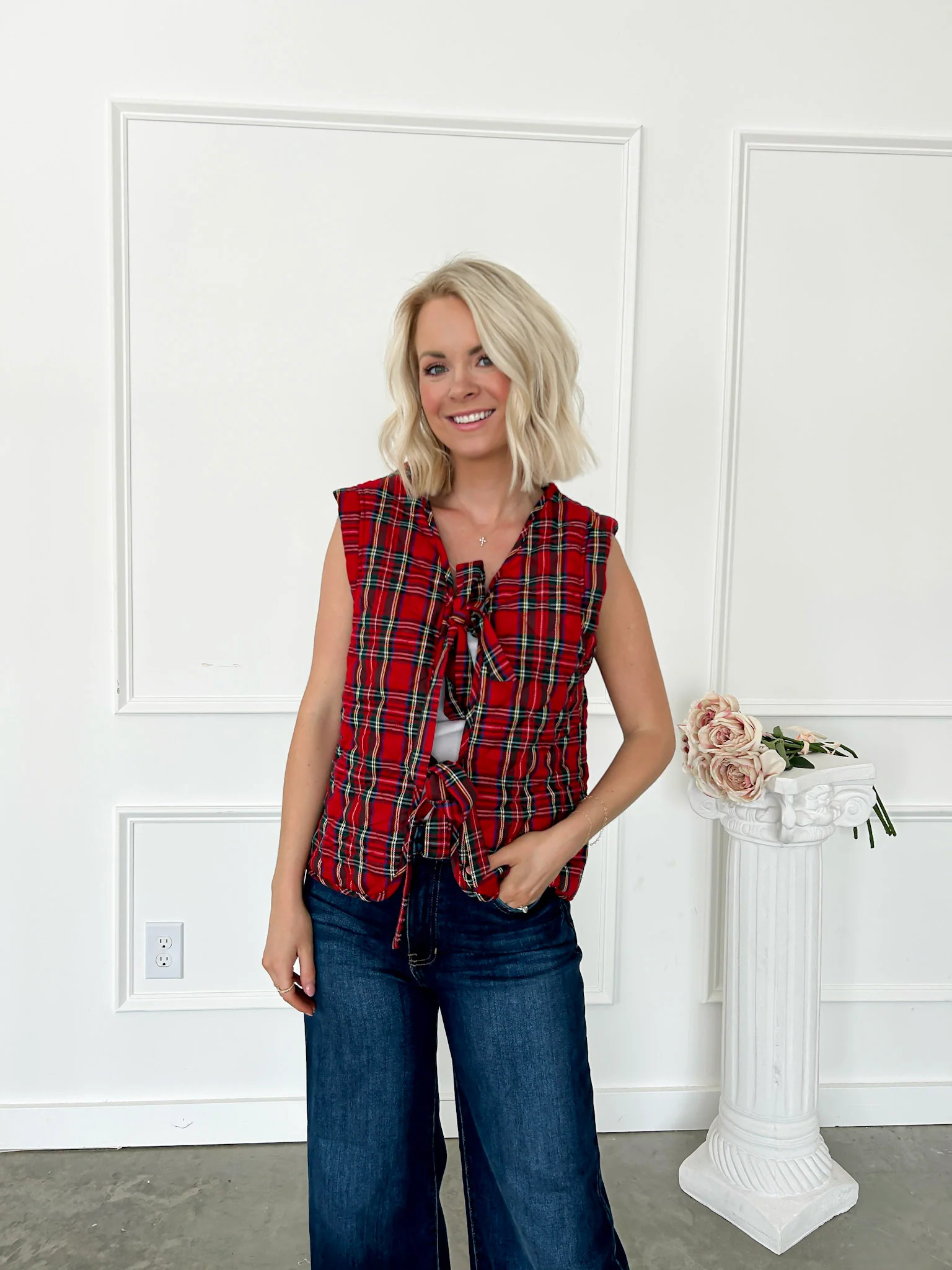 Cuddle Up Quilted Red & Navy Plaid Vest | Flourish in Frills