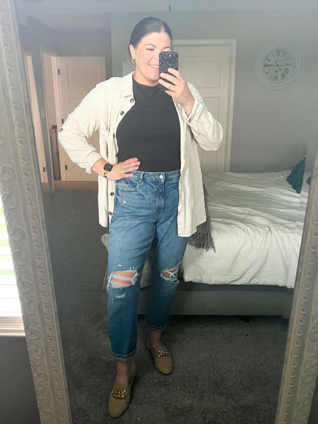 Casual work outfit of the day with jeans. Size 12 maybe jeans, my favorite coaching yours from Walmart, simple rib knit top from target, linen Shacket from arula size x 

#LTKstyletip #LTKcurves #LTKSeasonal